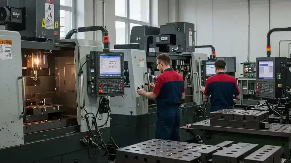 Операторы станков с ЧПУ в цеху компании PRESSTAMP выполняют высокоточную обработку деталей на фрезерных центрах Wheeler Операторы станков с ЧПУ в цеху компании PRESSTAMP выполняют высокоточную обработку деталей на фрезерных центрах Wheeler